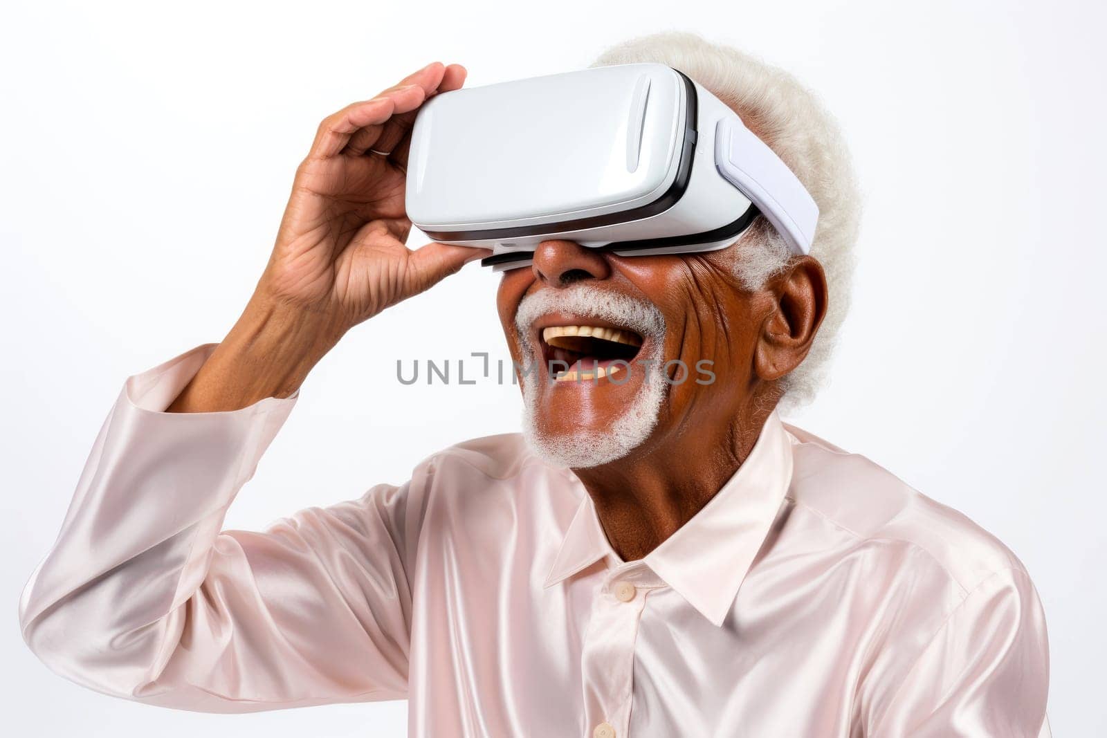 elderly person wearing Virtual Reality helmet, VR headset on white background . generative ai.