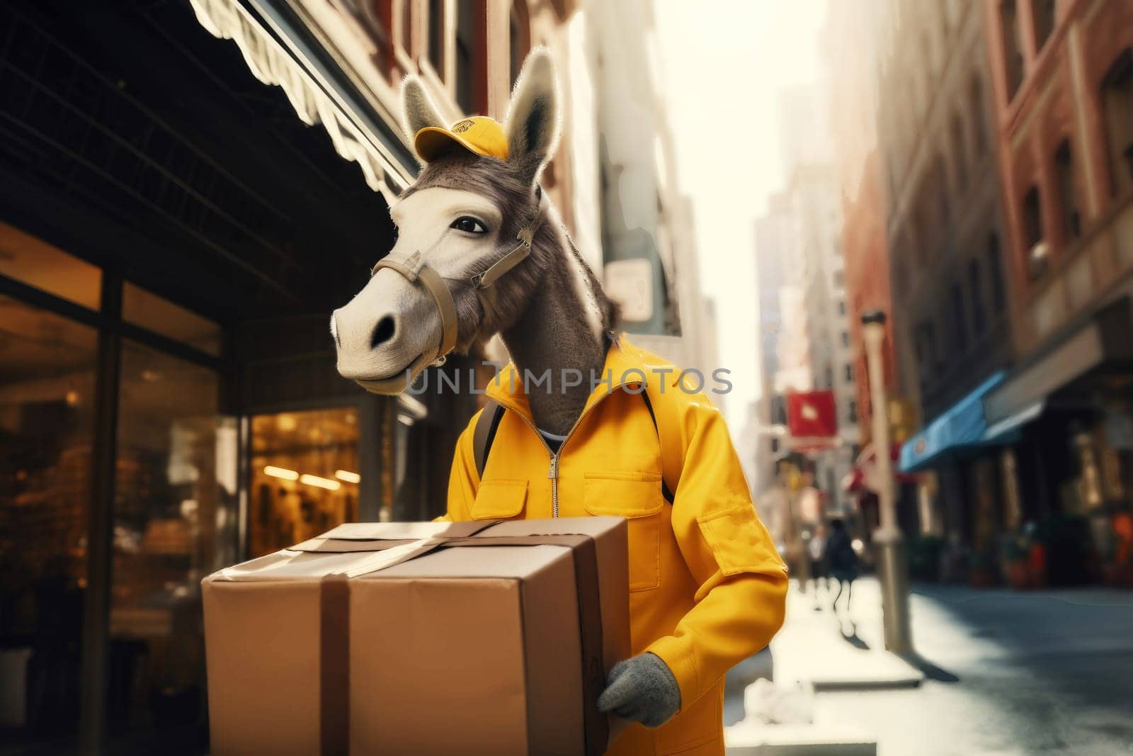 Delivery donkey delivering a parcel box . Generative AI.