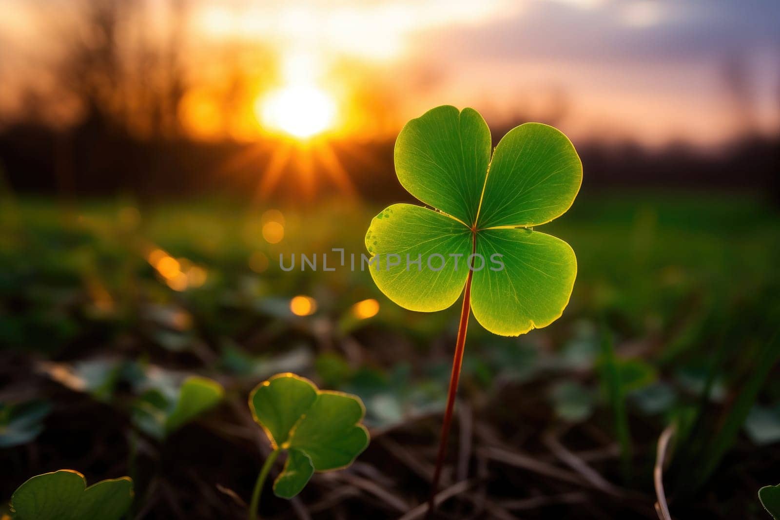 happy saint Patrick's day leaf shamrock clover close up with evening sunset in background. AI genrative.