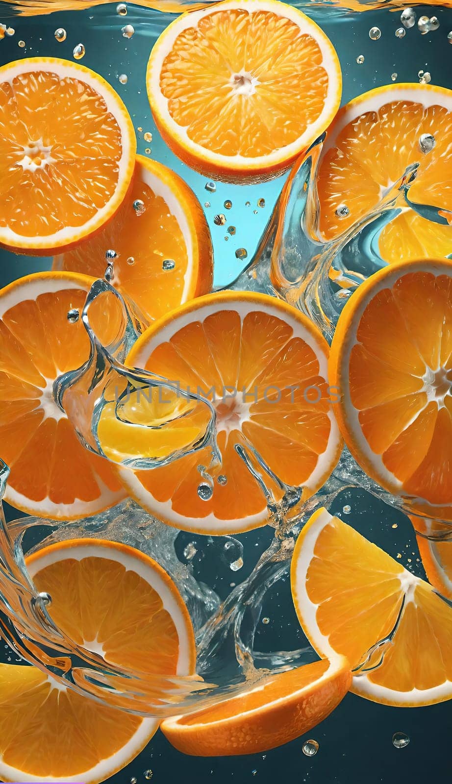 Fresh orange falling into water with splash on background, closeup.Orange in water splash on background. Concept of freshness and healthy eating.Fresh orange slice falling into water with splash on background,