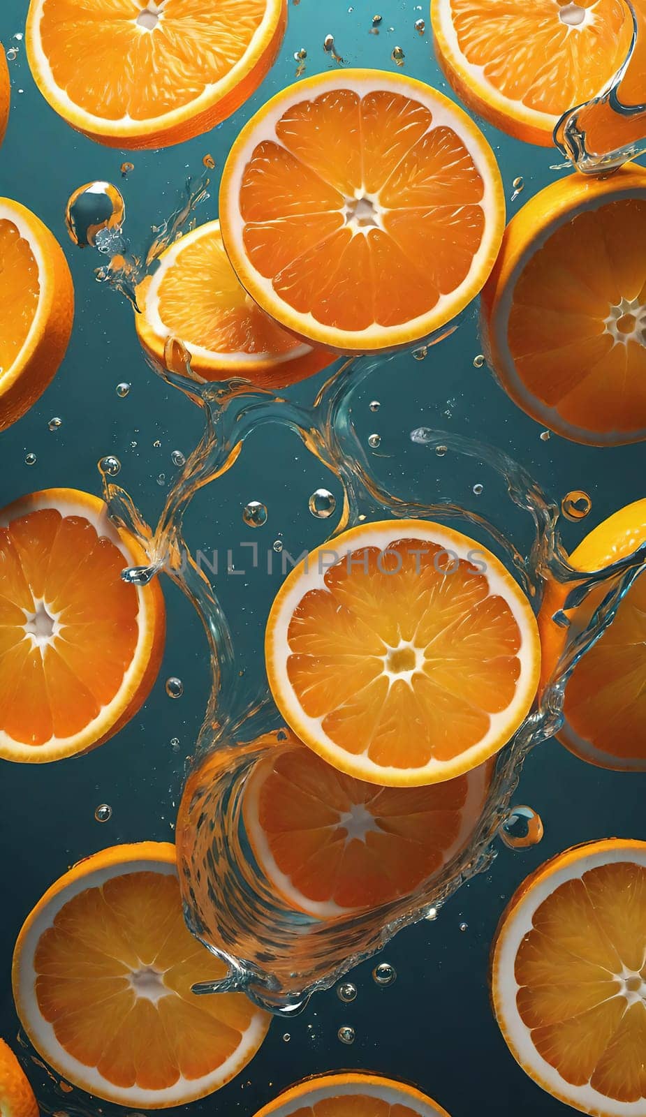 Fresh orange falling into water with splash on background, closeup.Orange in water splash on background. Concept of freshness and healthy eating.Fresh orange slice falling into water with splash on background,