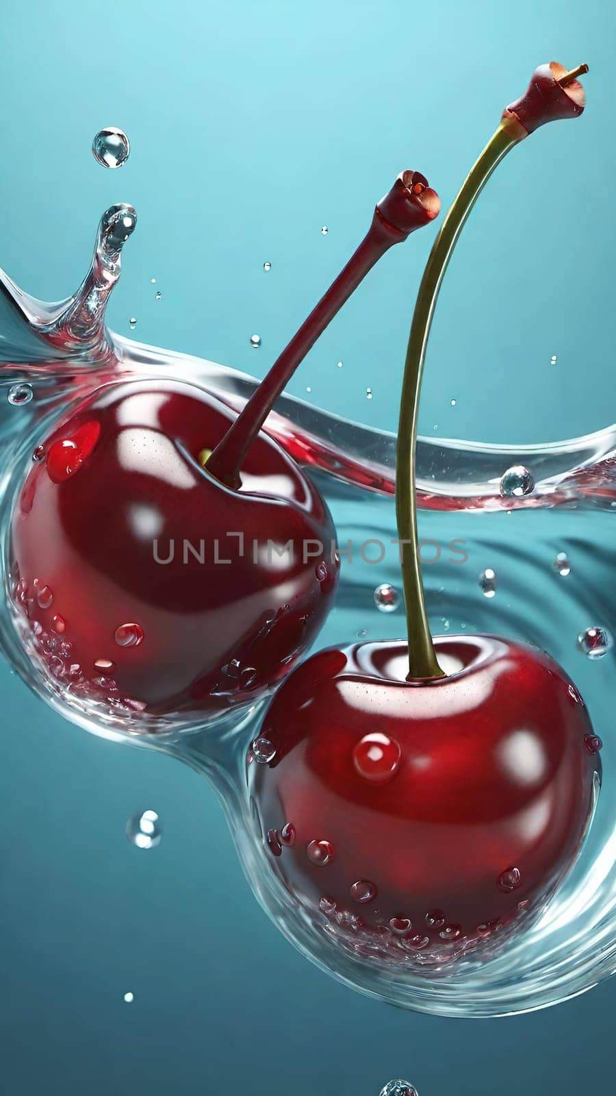 cherry with water splash isolated on background. 3d illustration.cherry splashing into water on background, close-up.Cherry falling into water with splash on background