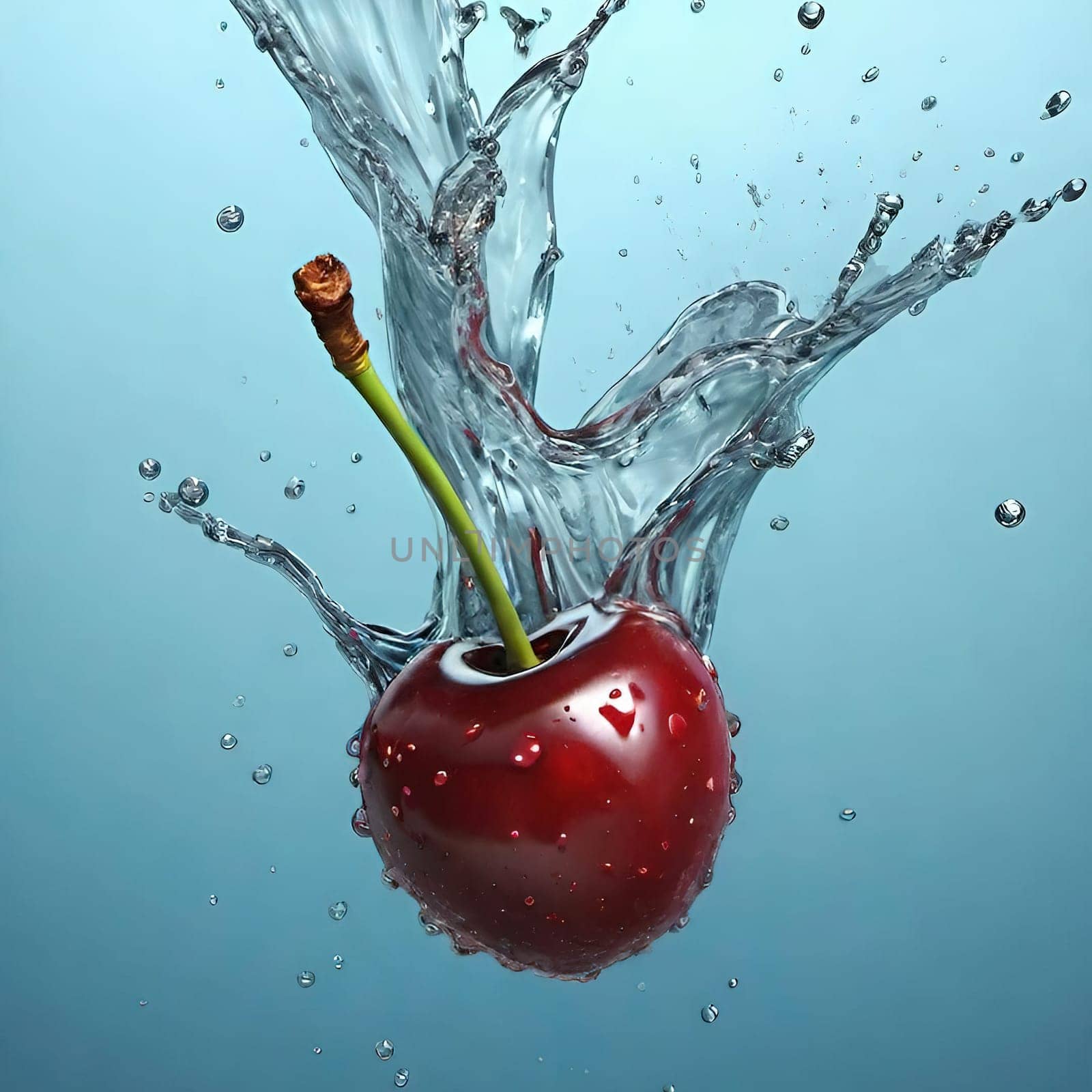 cherry with water splash isolated on background. 3d illustration.cherry splashing into water on background, close-up.Cherry falling into water with splash on background