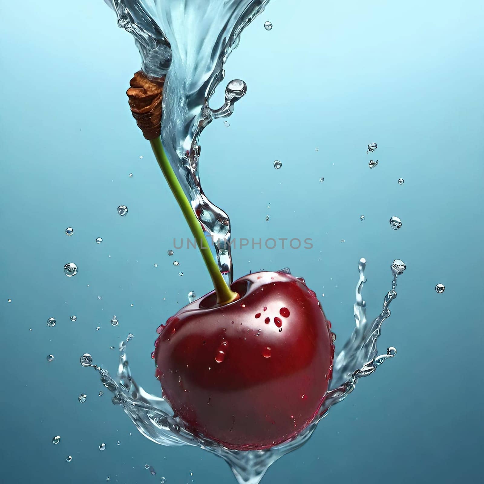 cherry with water splash isolated on background. 3d illustration.cherry splashing into water on background, close-up.Cherry falling into water with splash on background