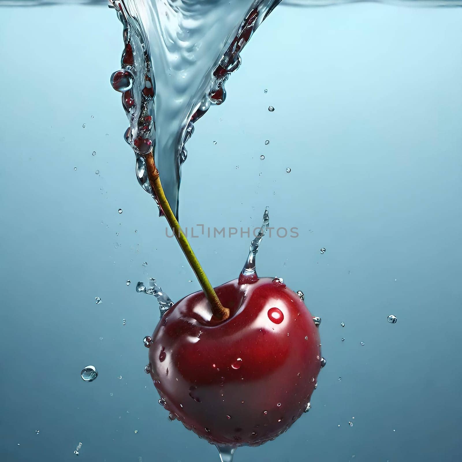 cherry with water splash isolated on background. 3d illustration.cherry splashing into water on background, close-up.Cherry falling into water with splash on background