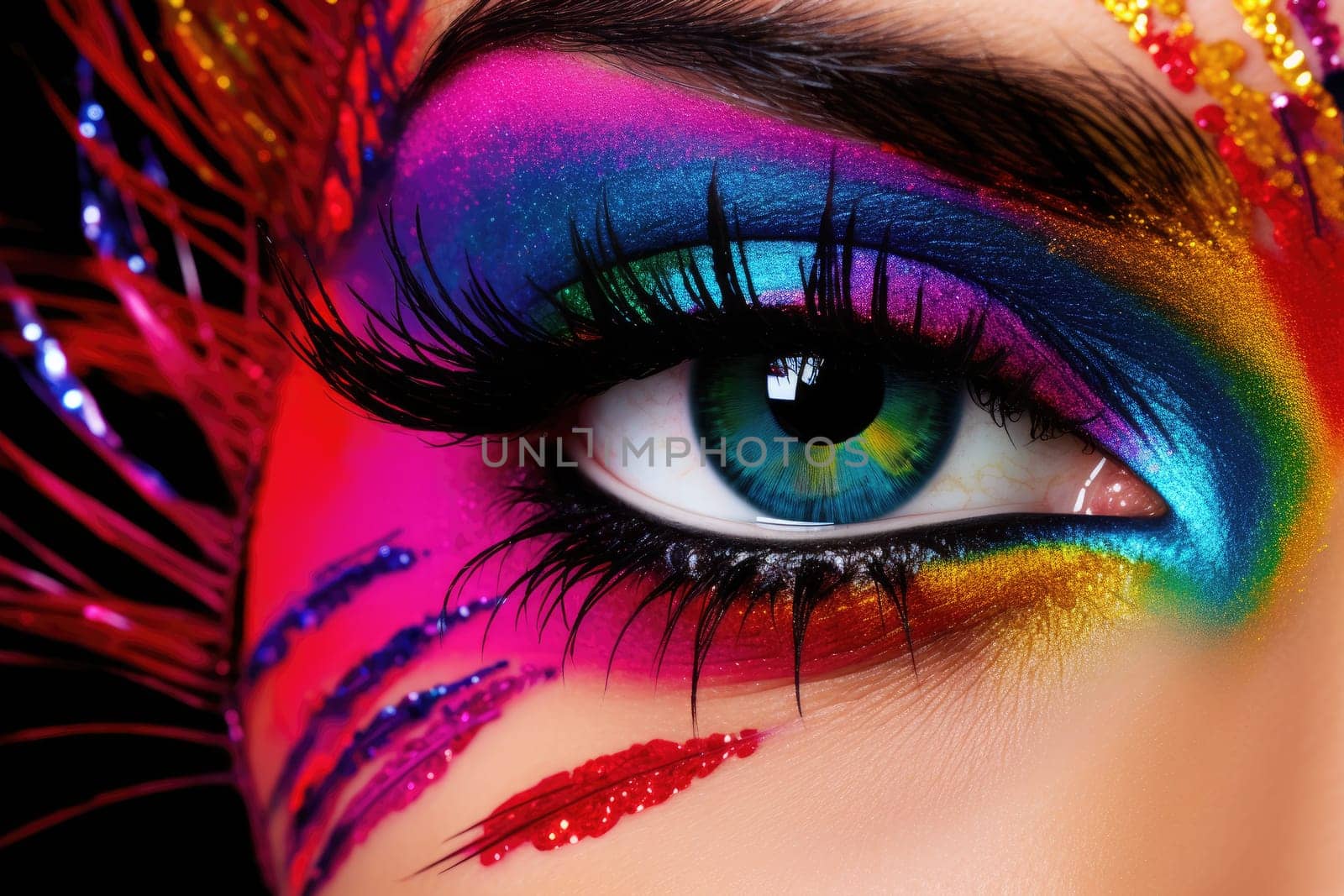 Close-up of a woman's eye in multicolor make up. Generative AI technology. by matamnad