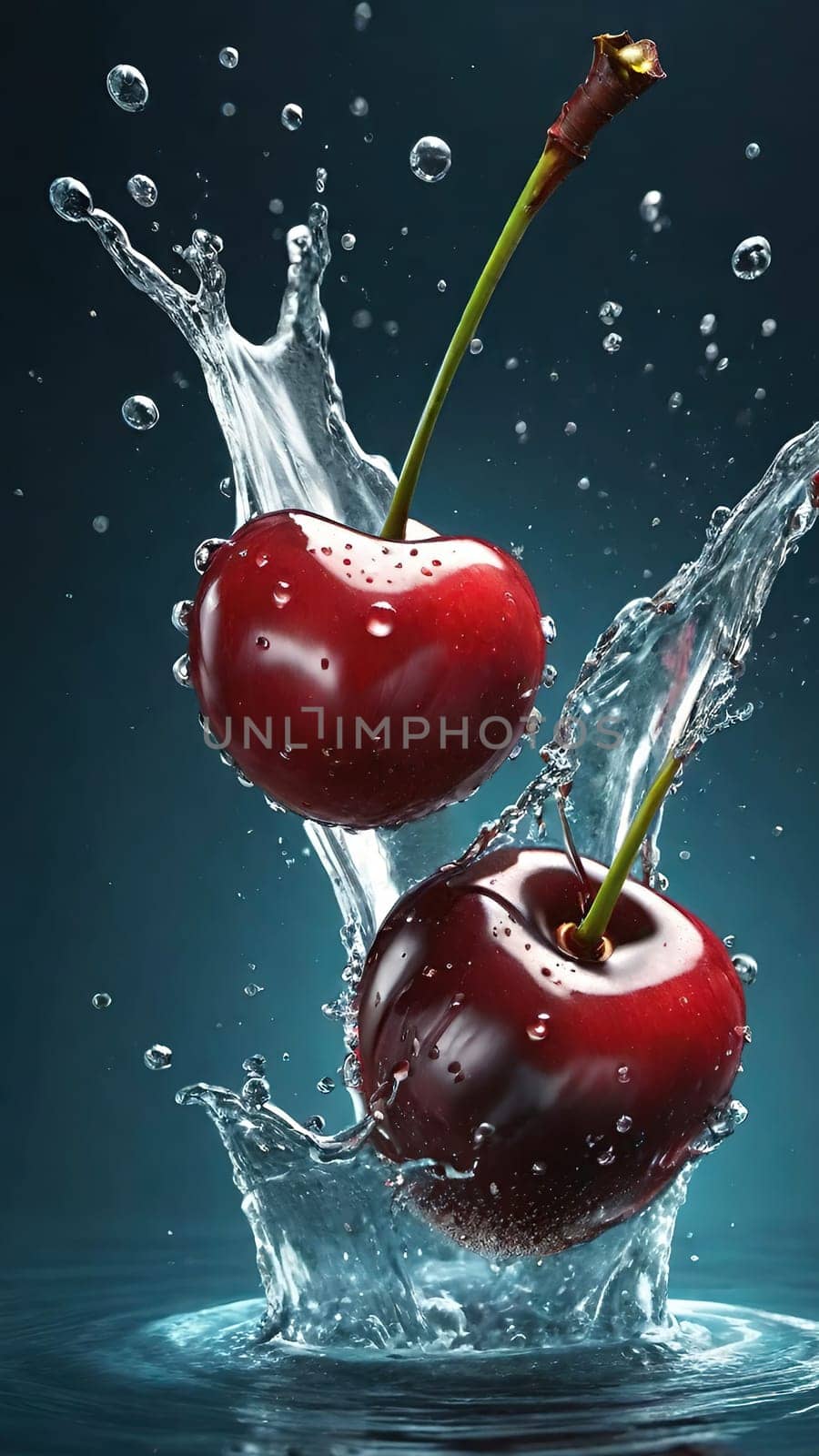 cherry with water splash isolated on background. 3d illustration.cherry splashing into water on background, close-up.Cherry falling into water with splash on background