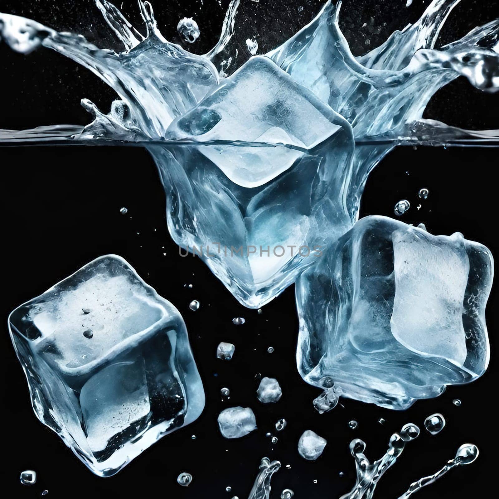 Ice cubes with water splash isolated on black background. Ice cubes falling into water.Ice cubes with water splash on blue background. 3d rendering.