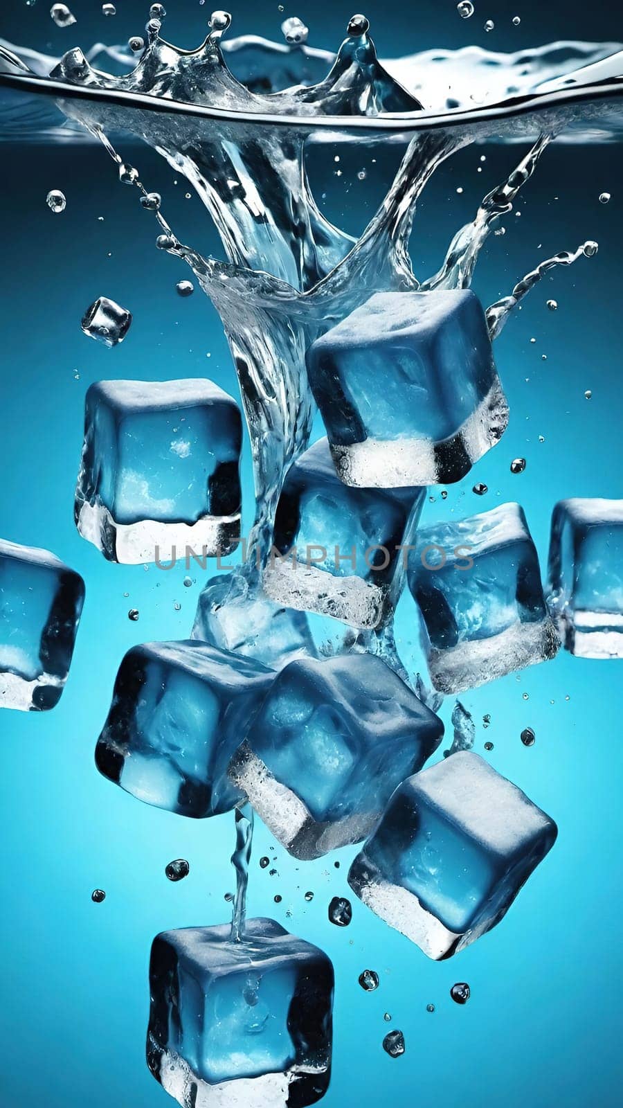 Ice cubes with water splash isolated on black background. Ice cubes falling into water.Ice cubes with water splash on blue background. 3d rendering.