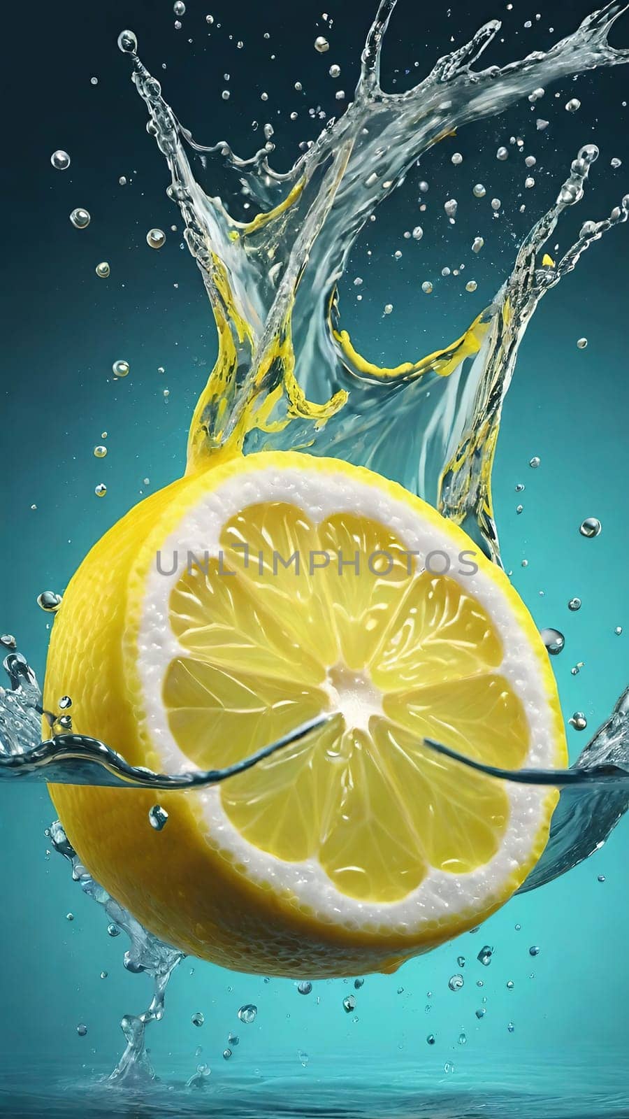 Fresh lemon falling into water with splash on background, closeup.Lemon falling into water with splash, isolated on background.