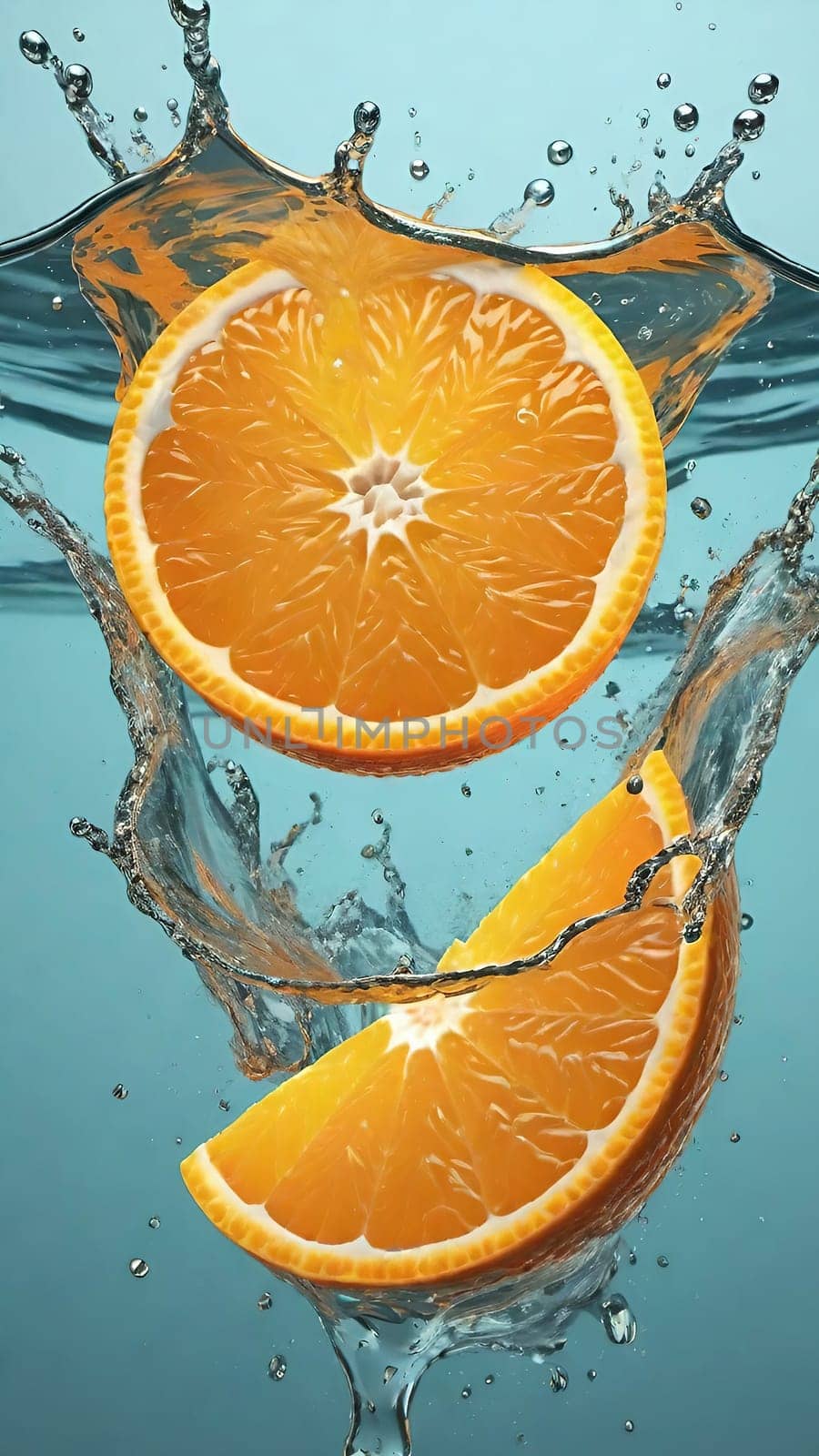 Fresh orange falling into water with splash on background, closeup.Orange in water splash on background. Concept of freshness and healthy eating.Fresh orange slice falling into water with splash on background,