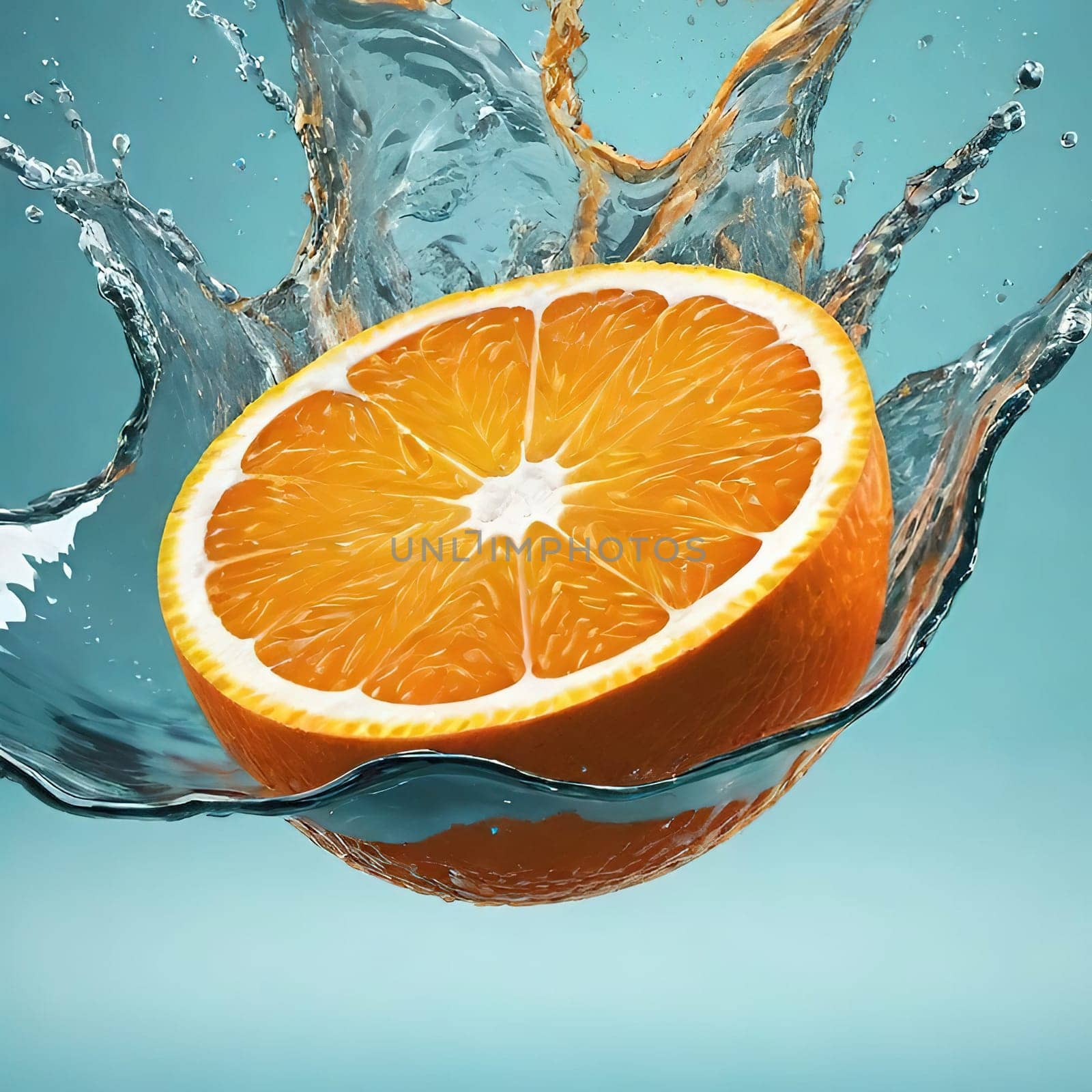 Fresh orange falling into water with splash on background, closeup.Orange in water splash on background. Concept of freshness and healthy eating.Fresh orange slice falling into water with splash on background,