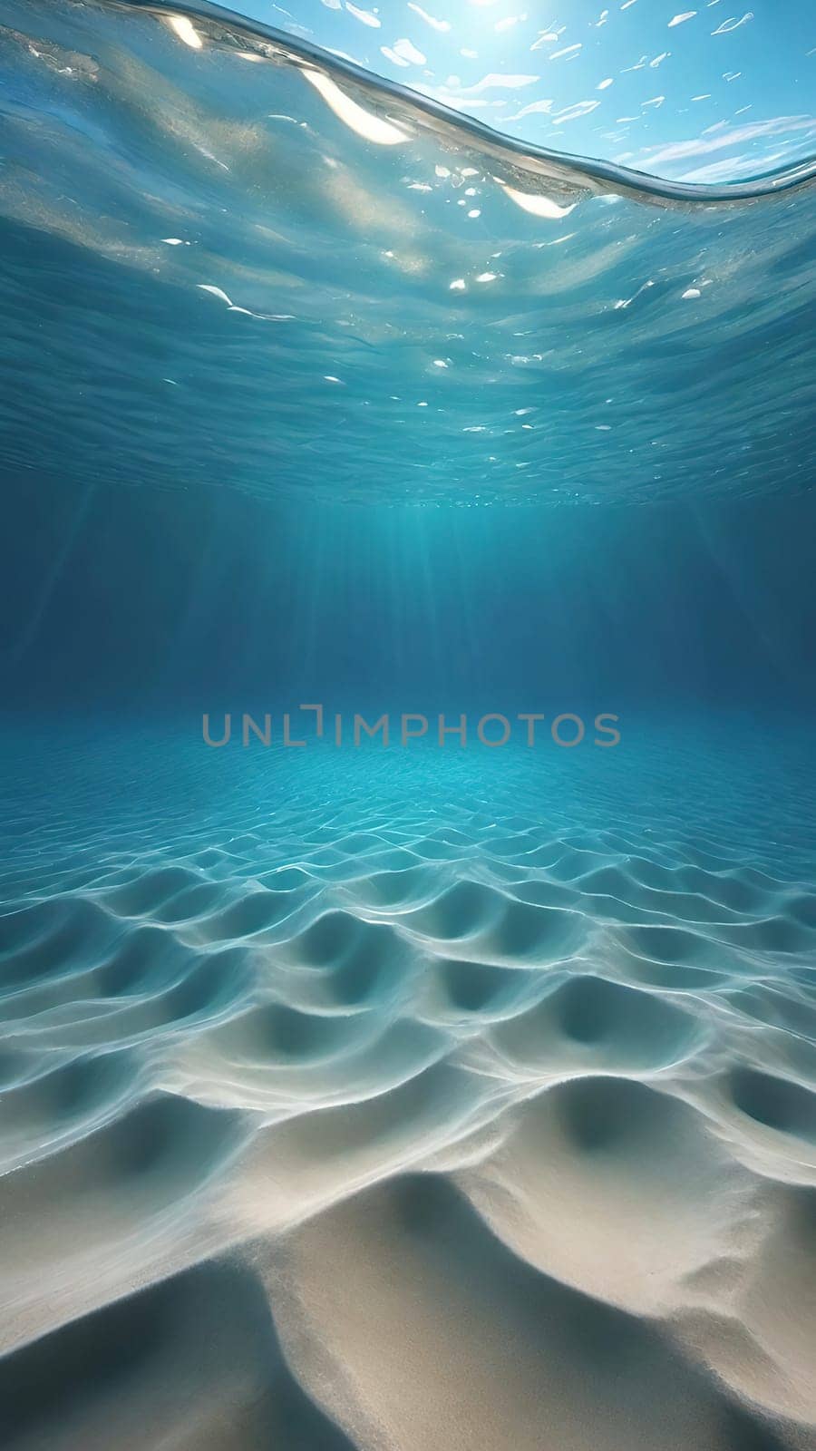 Underwater world. 3d render illustration.Underwater view of the sea with waves and sand.