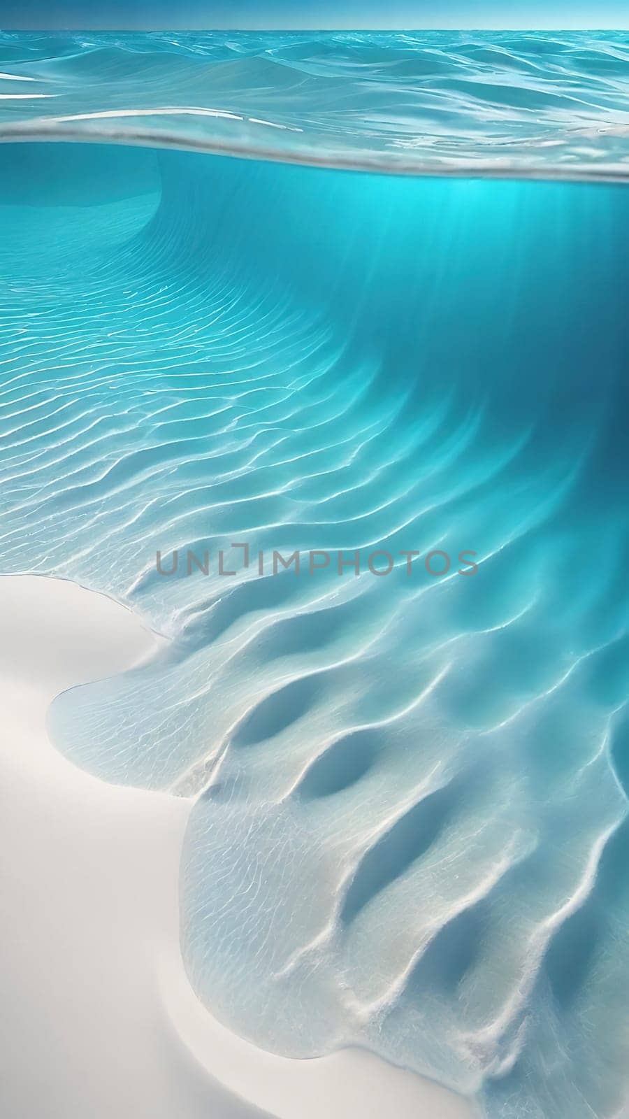 Underwater world. 3d render illustration.Underwater view of the sea with waves and sand.