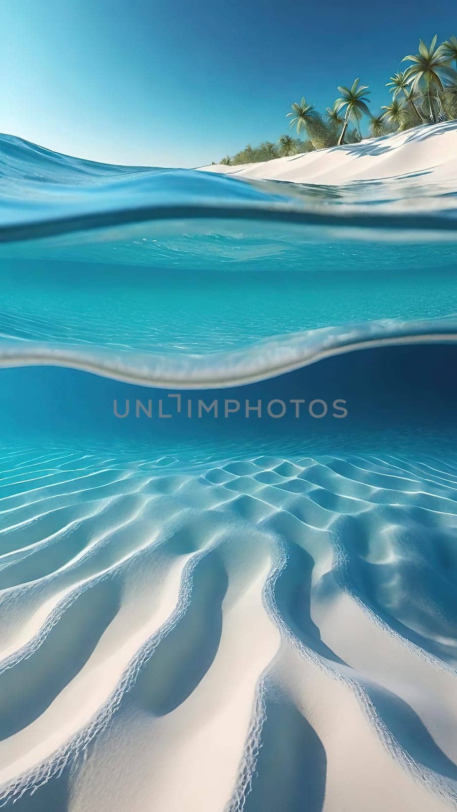 Underwater world. 3d render illustration.Underwater view of the sea with waves and sand.