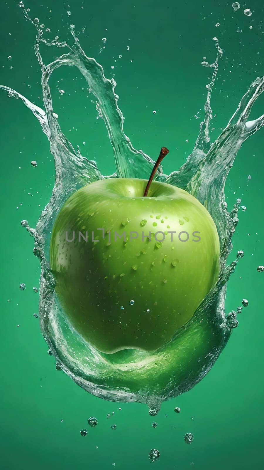Apple falling into water with splash, isolated on background.Fresh apple with water splash on background. 3d illustration