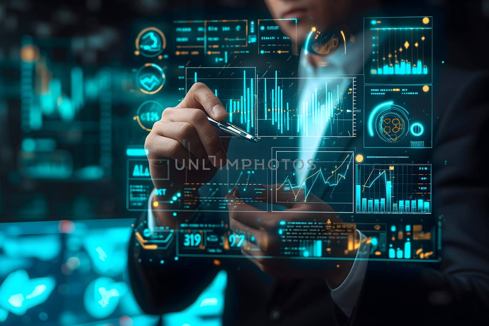 Businessman sketching a growing virtual hologram of statistics, graphs, and charts. Representing the stock market and sales data analysis. Neural network generated image. Not based on any actual person or scene.