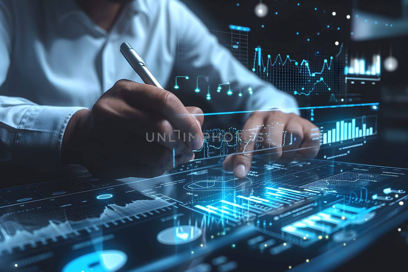 Businessman sketching a growing virtual hologram of statistics, graphs, and charts. Representing the stock market and sales data analysis. Neural network generated image. Not based on any actual person or scene.