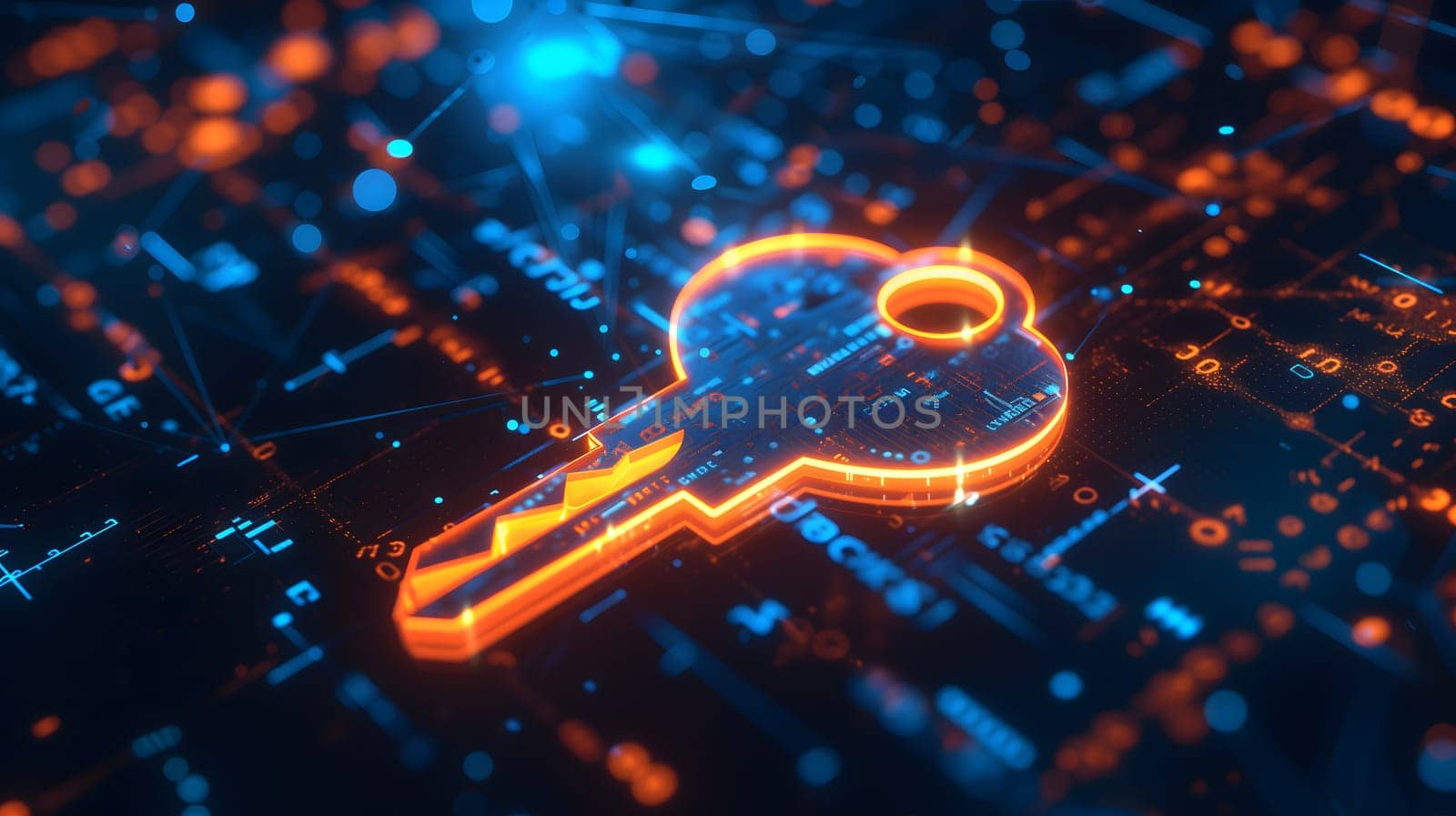 Orange holographic key icon on flat glowing futuristic circuit board background. Neural network generated image. Not based on any actual person or scene.