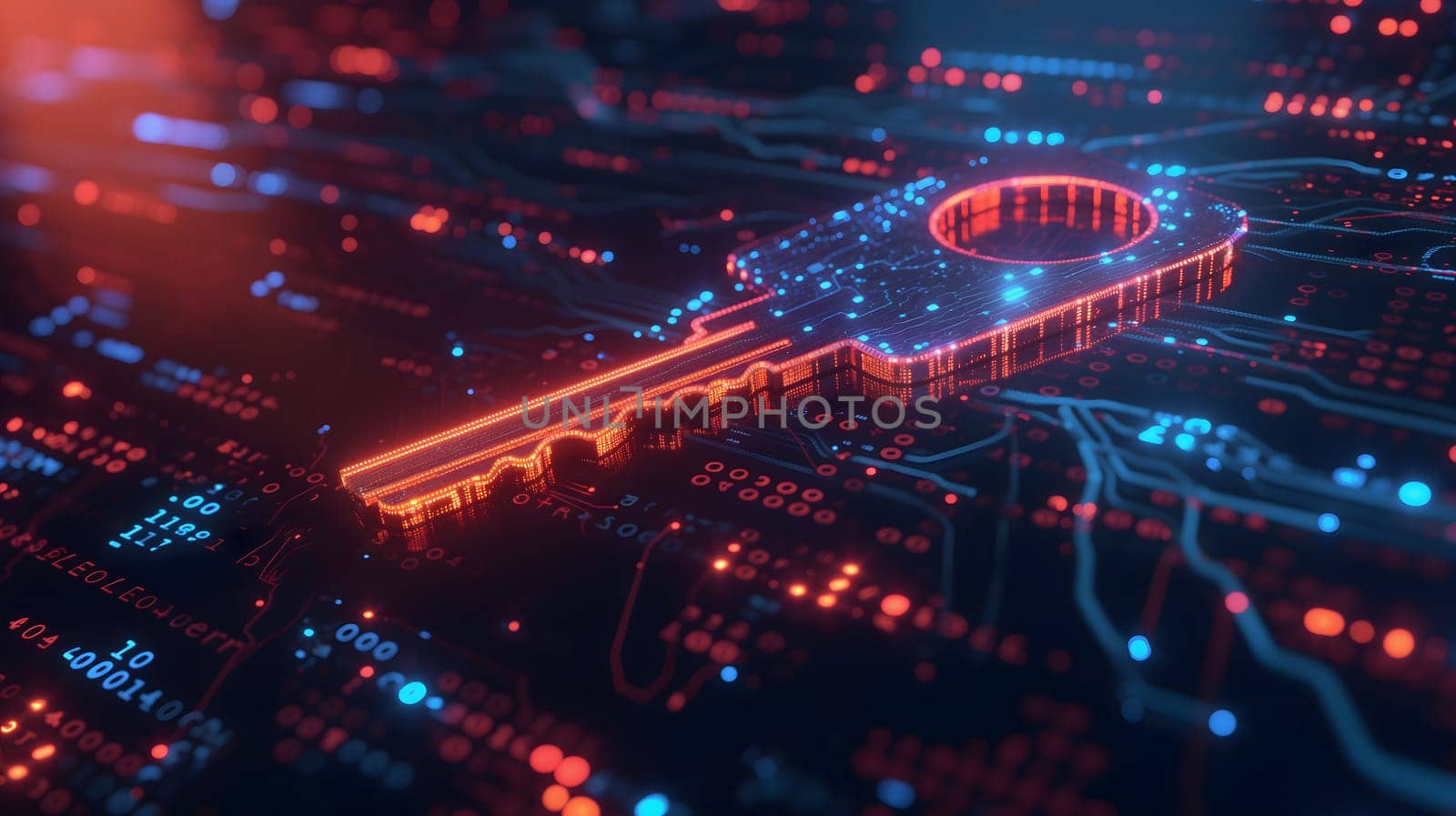 Orange holographic key icon on flat glowing futuristic circuit board background. Neural network generated image. Not based on any actual person or scene.