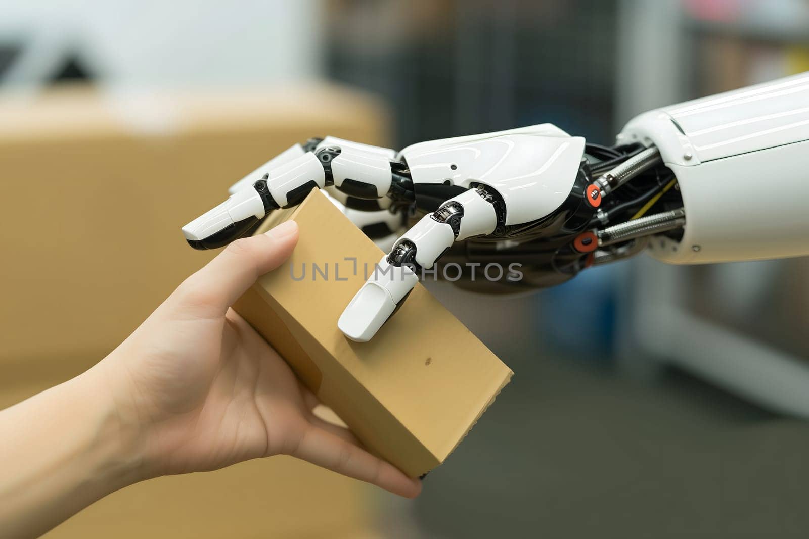 robot hand giving cardboard box to human hand by z1b