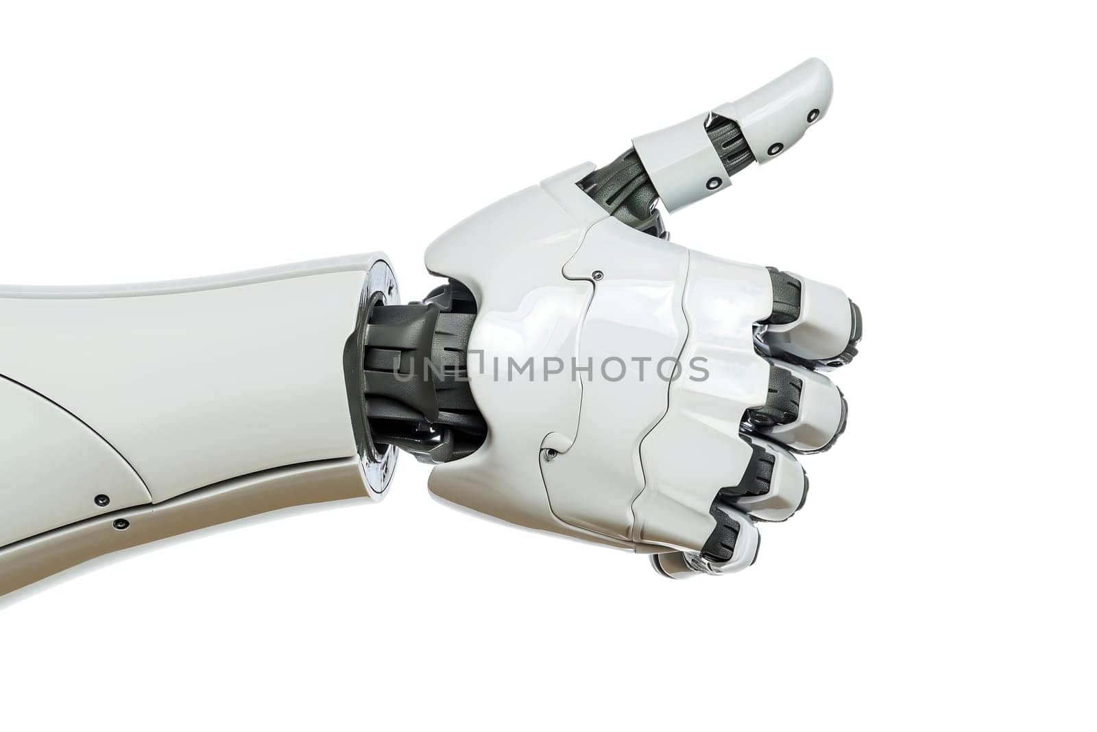 Robot hand with thumb up gesture closeup on white background. Neural network generated image. Not based on any actual person or scene.