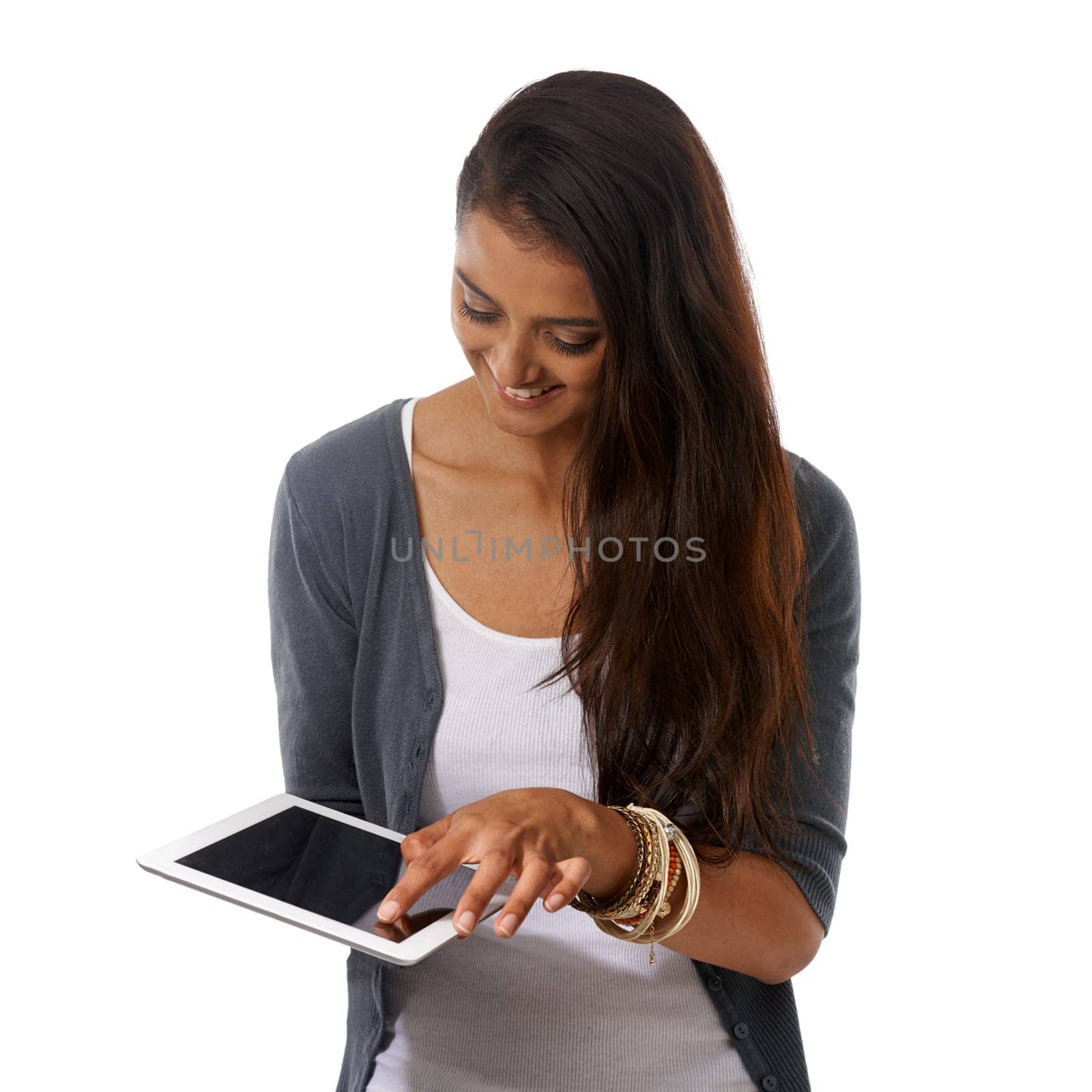 Tablet, happy and woman in studio networking or scroll on social media, app or the internet. Smile, communication and female person browsing on website with digital technology by white background