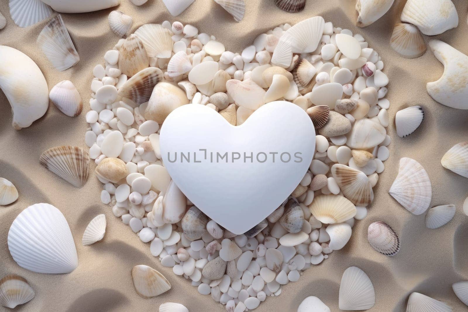 Heart shape composition of seashells on sand, flat lay. Generative AI by matamnad