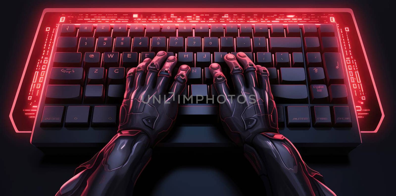 a hand of a robot typing on a laptop, chatbot robotic futuristic artificial intelligence concept. AI generative.