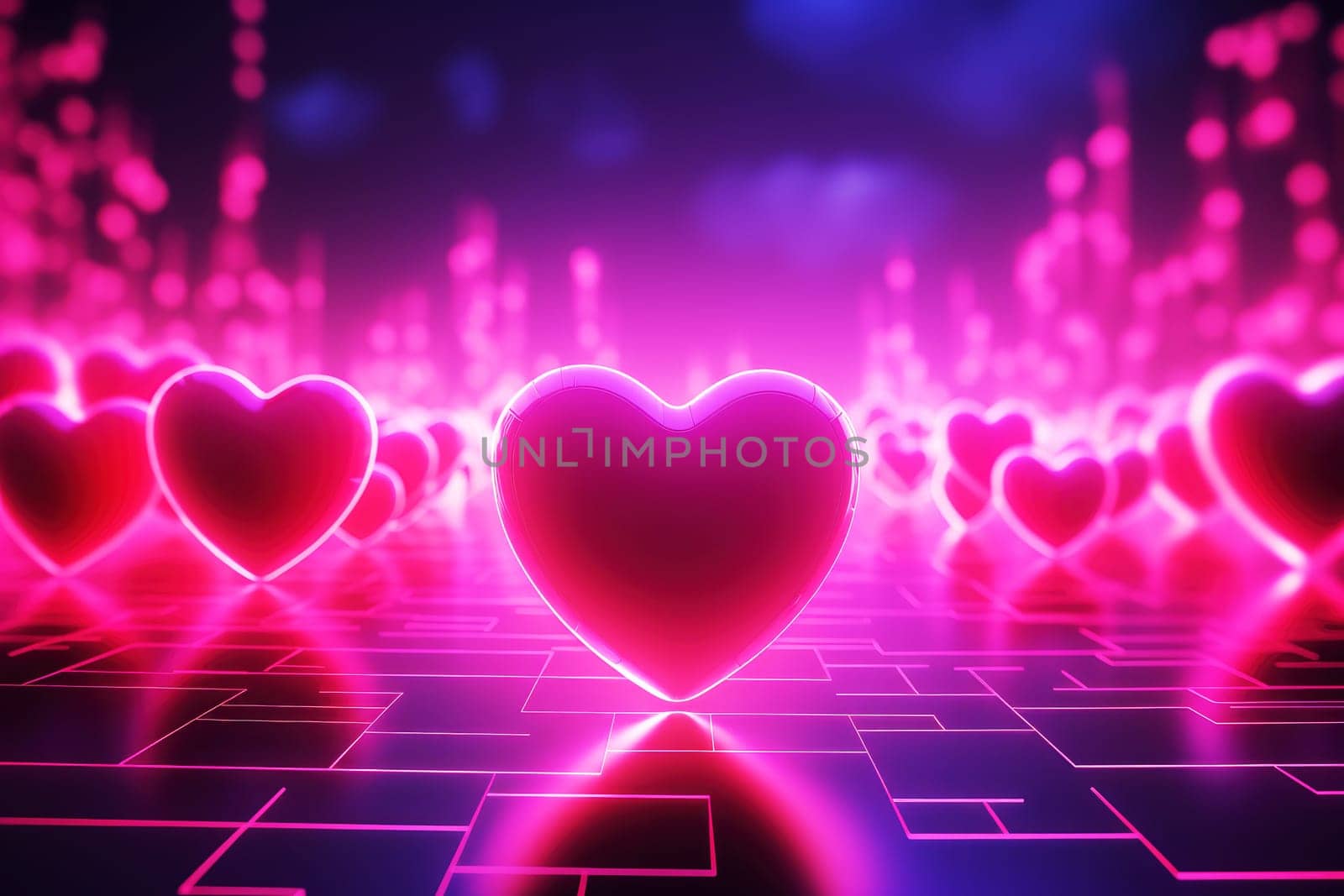 a pink neon light with hearts of heart, romantic frame background Generative AI by matamnad