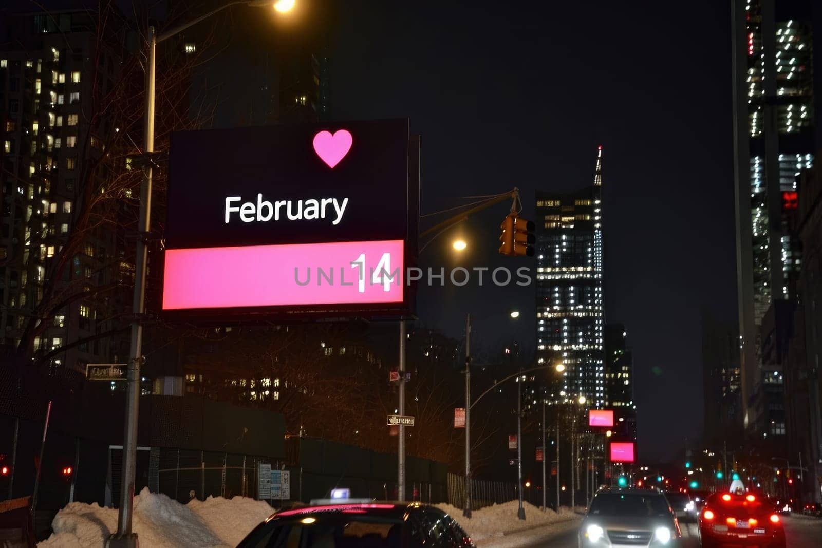 Valentines day theme with light text on billboard. Generative AI.
