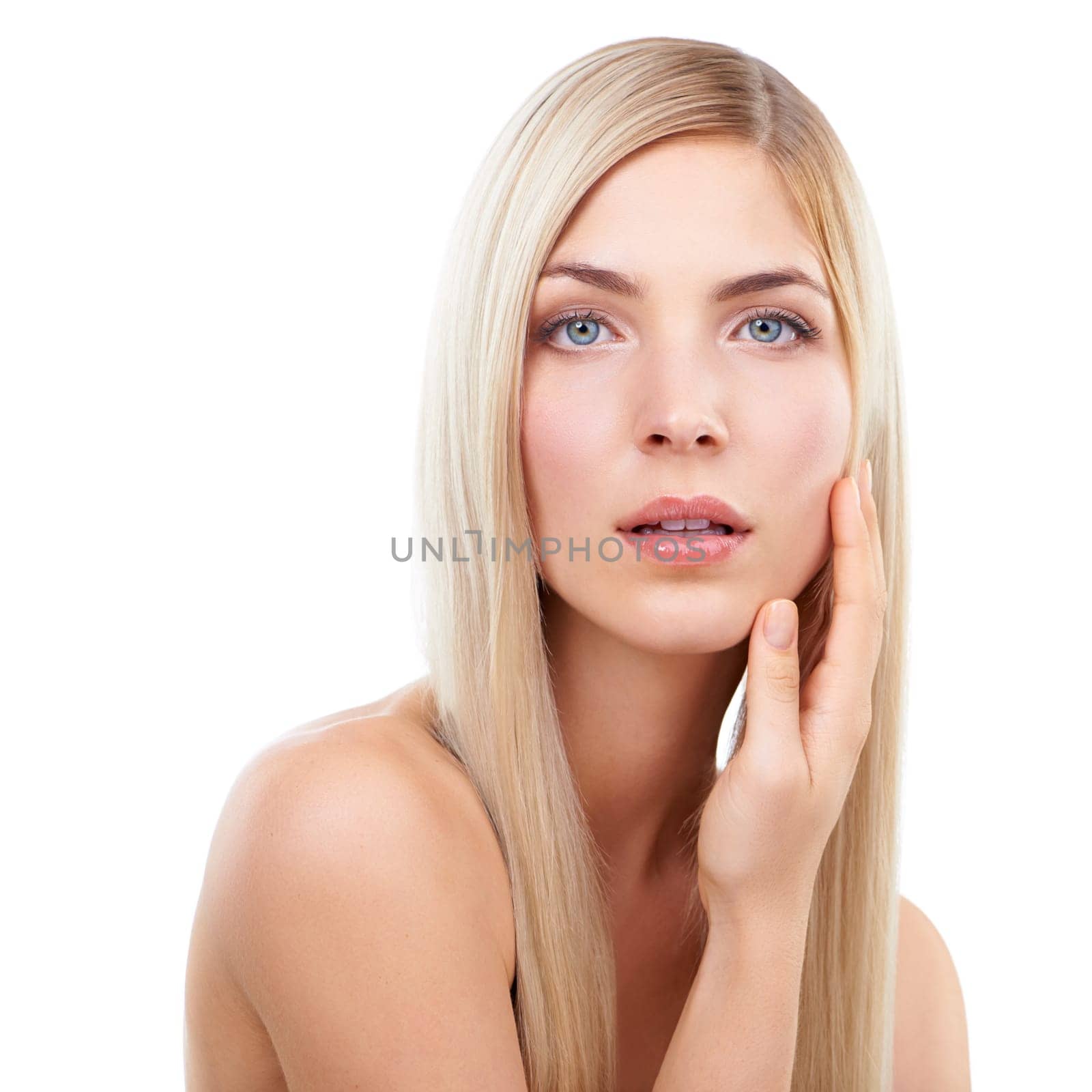 Skincare, touch and portrait of woman, hair and beauty in isolated on a white studio background. Face, hairstyle or hand of blonde model in cosmetics, glow or salon treatment at hairdresser for shine.