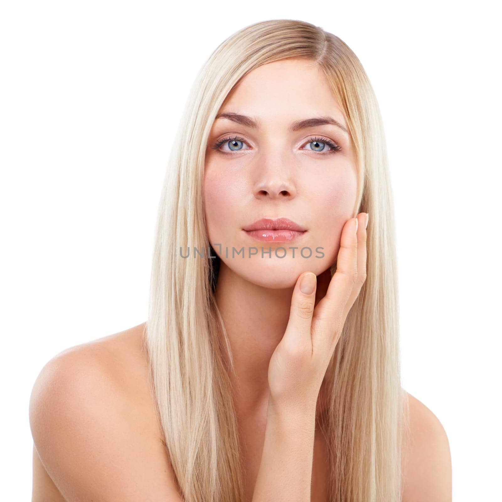 Skincare, hand and portrait of woman, hair and beauty makeup isolated on a white studio background. Face, touch and hairstyle of blonde model in cosmetics, hairdresser and salon treatment for glow.