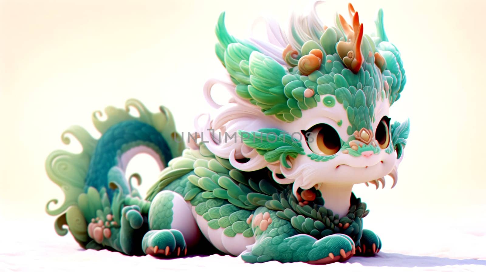 Cute 3D images of little dragons. Panoramic background with Asian Chinese little cute dragon, in high resolution. AI generated.