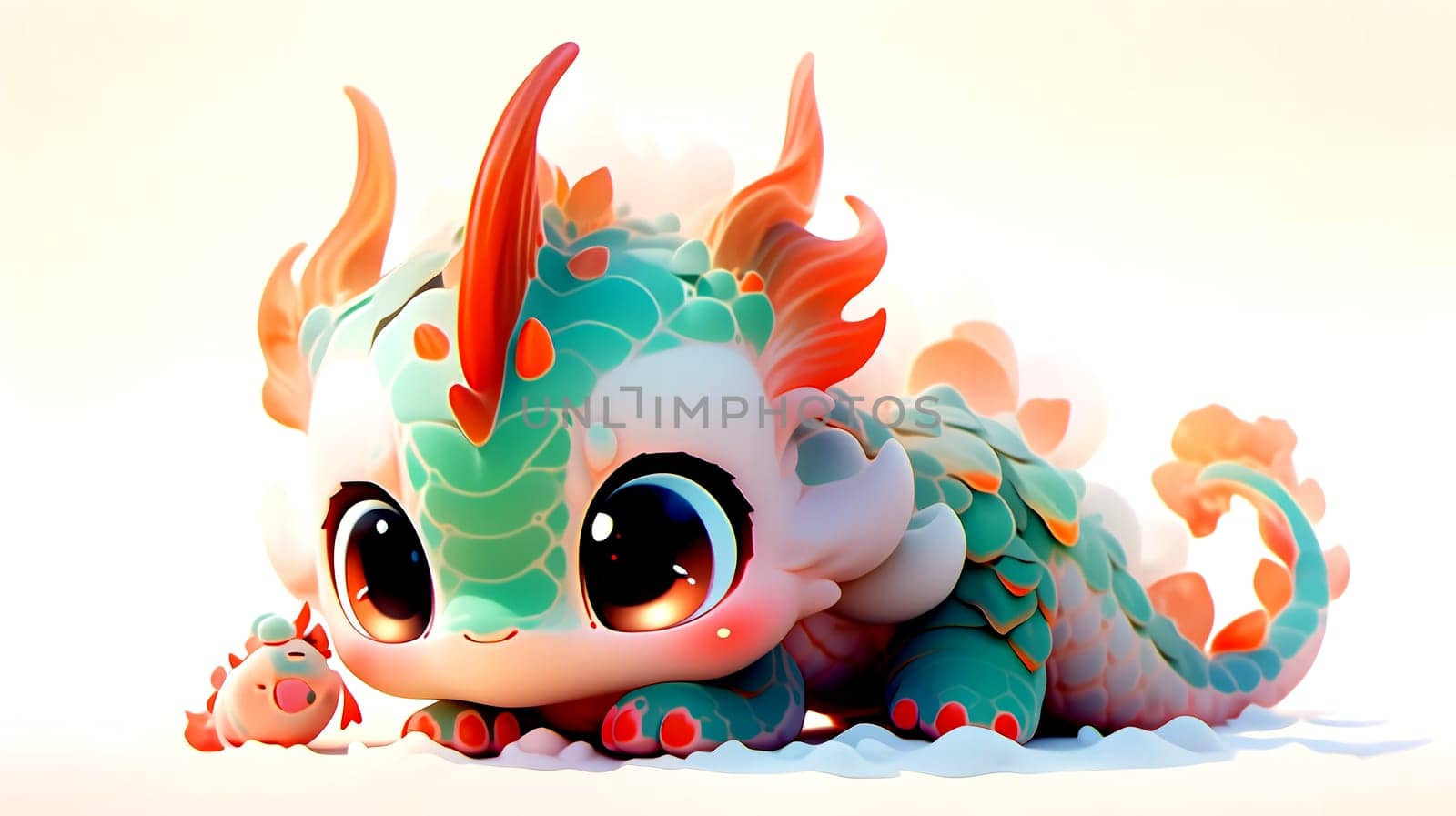 Cute 3D images of little dragons. Panoramic background with Asian Chinese little cute dragon, in high resolution. AI generated.