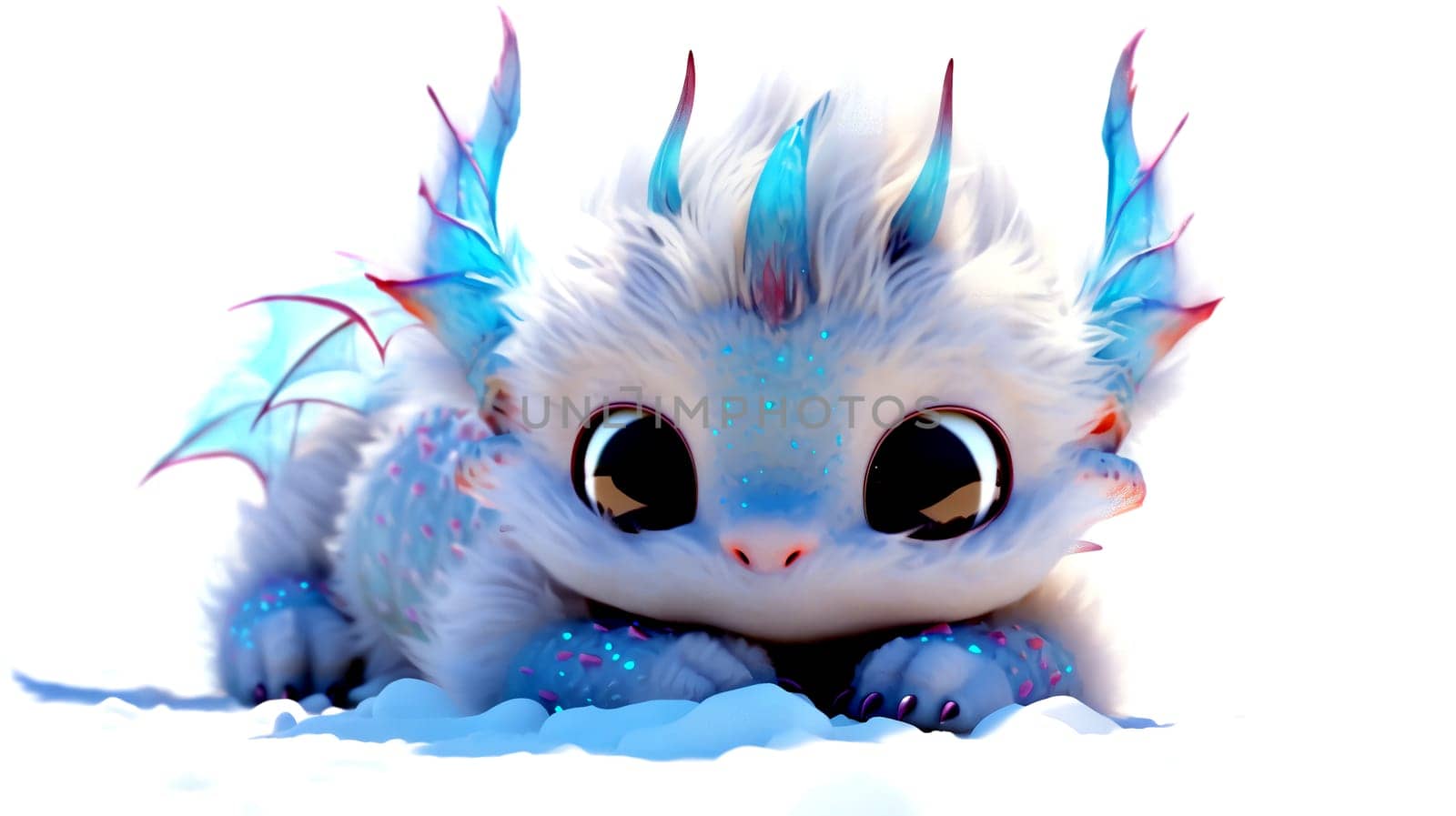 Cute 3D images of little dragons. Panoramic background with Asian Chinese little cute dragon, in high resolution. AI generated.