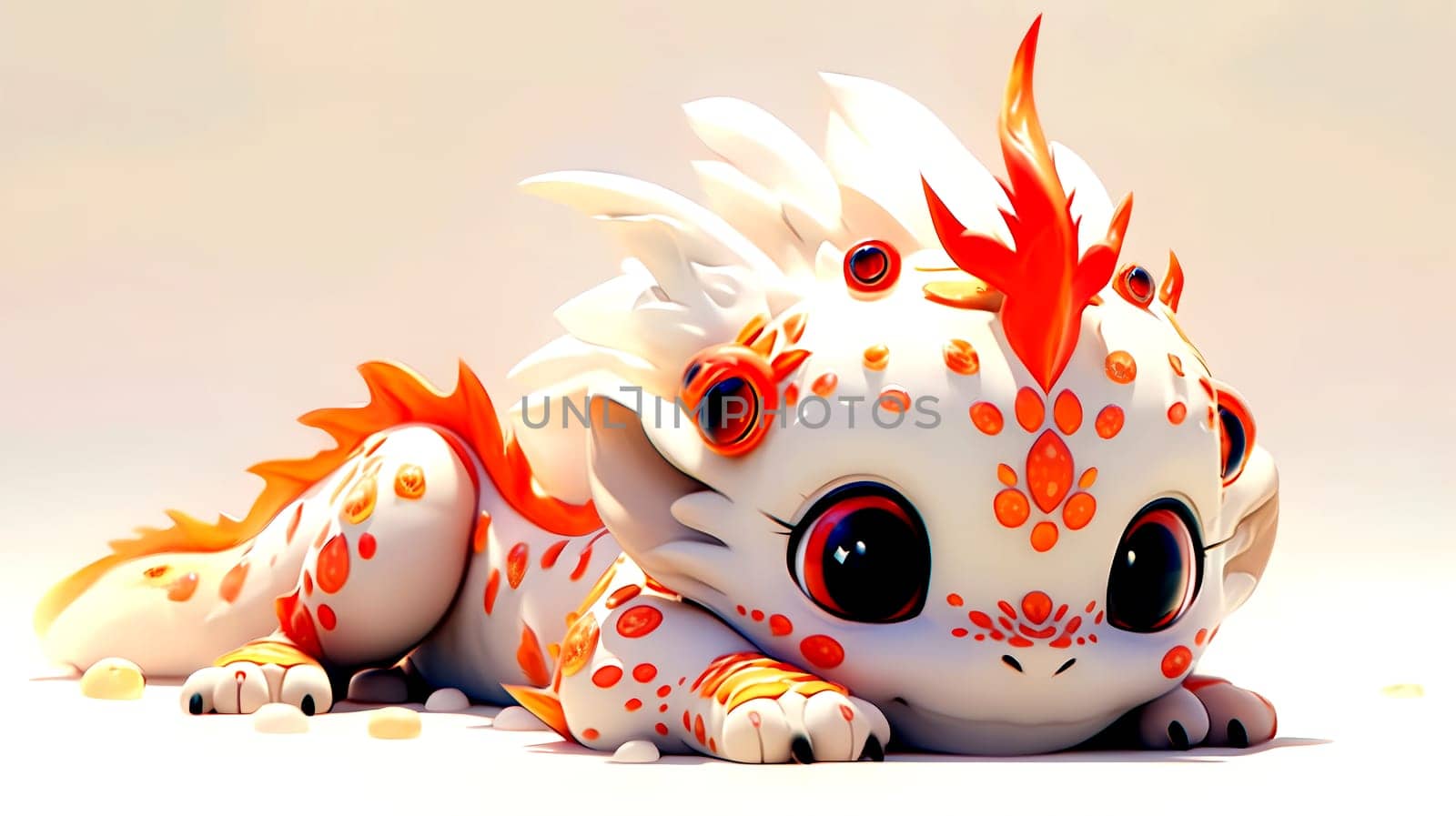 Cute 3D images of little dragons. Panoramic background with Asian Chinese little cute dragon, in high resolution. AI generated.