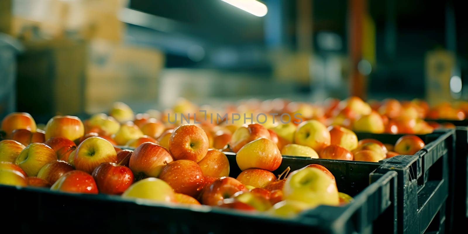 Apples in a food processing facility, clean and fresh in store . Generative AI by matamnad