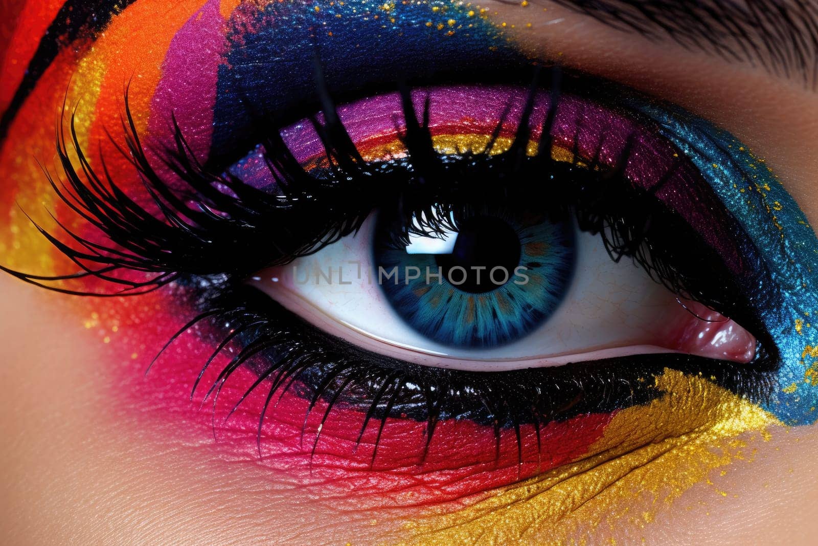 Close-up of a woman's eye in multicolor make up. Generative AI technology..