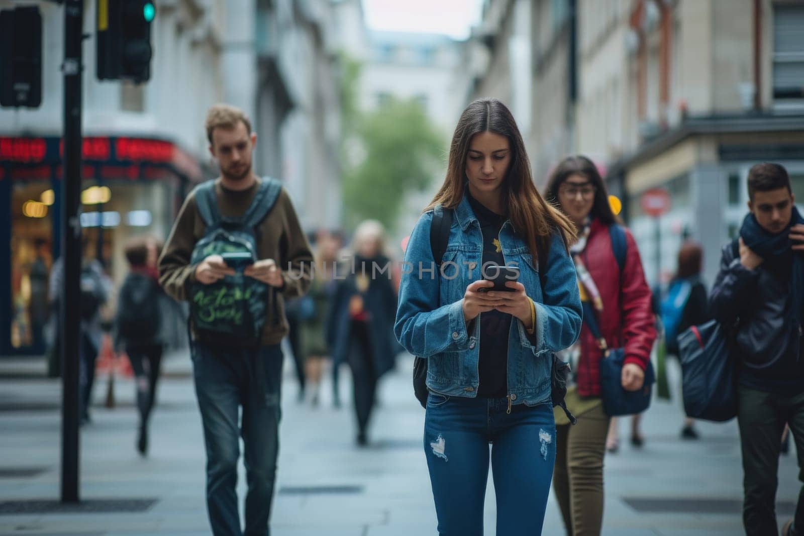 Nomophobia, people walking outdoors at the city street holding their smartphone.