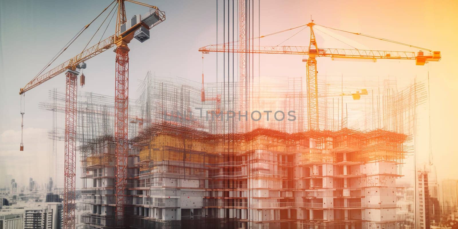 Construction site background. Hoisting cranes and new multi storey buildings. Industrial background.