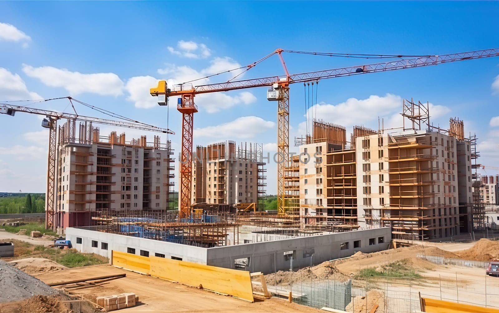 Construction site background. Hoisting cranes and new multi storey buildings. Industrial background.