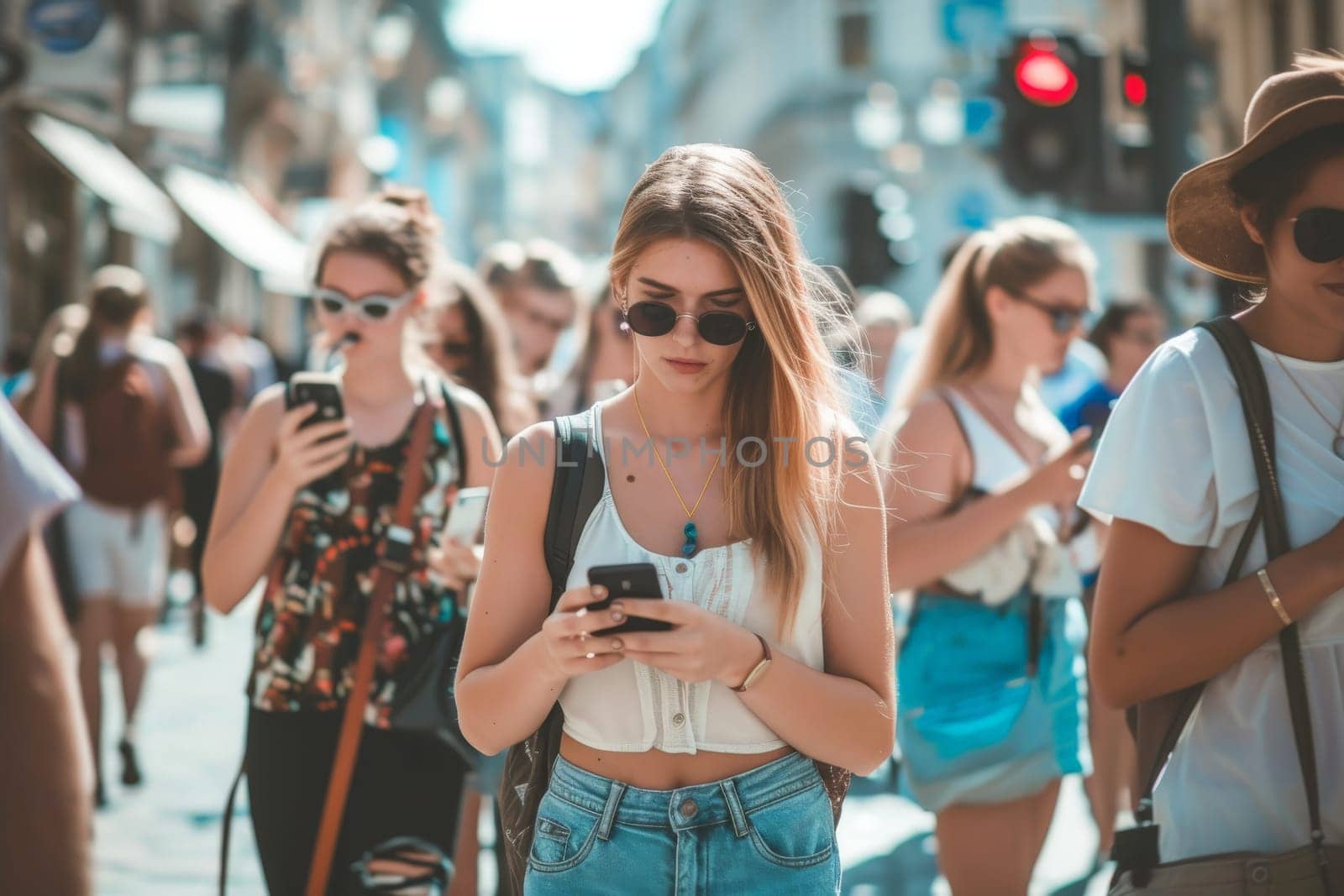 Nomophobia, people walking outdoors at the city street holding their smartphone by nijieimu