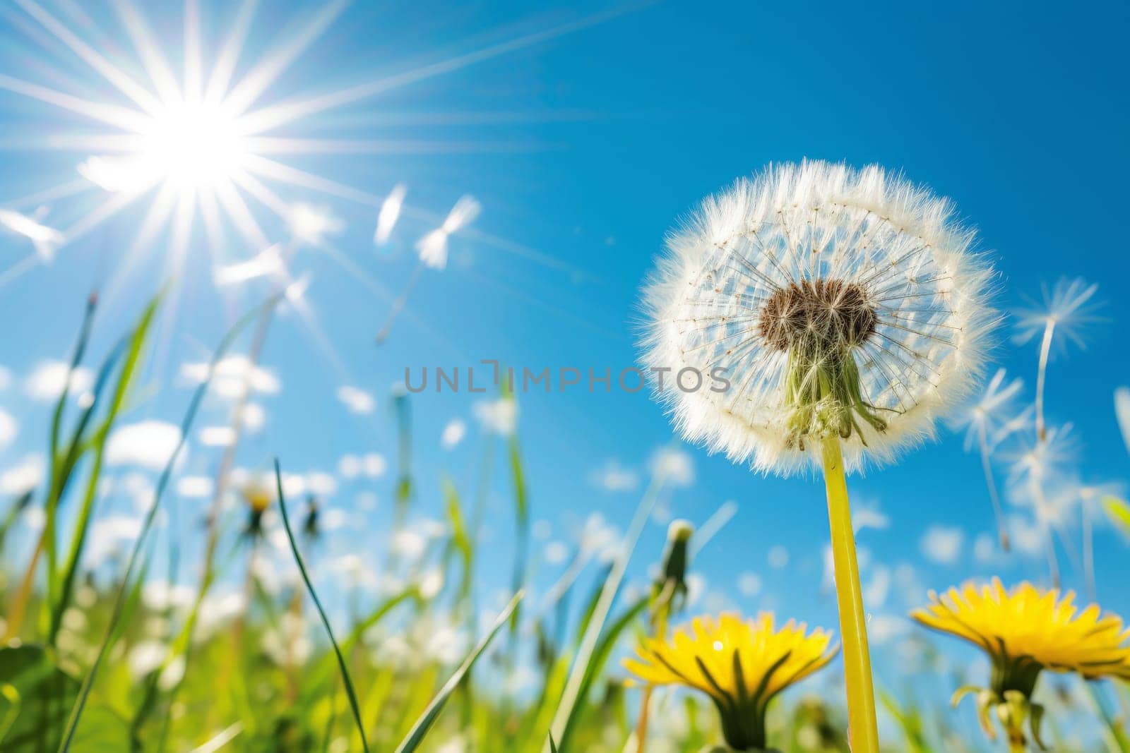 Dandelion, Beautiful colors of the setting sun, Seed coming away from dandelion.