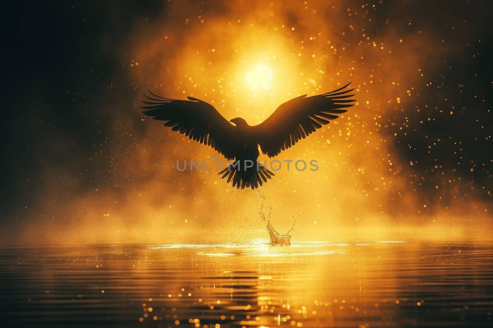 a bird landing on water, Flight scene of just before landing on the water, Art style of photo.