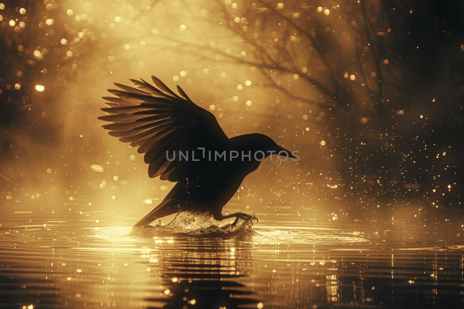 a bird landing on water, Flight scene of just before landing on the water, Art style of photo.