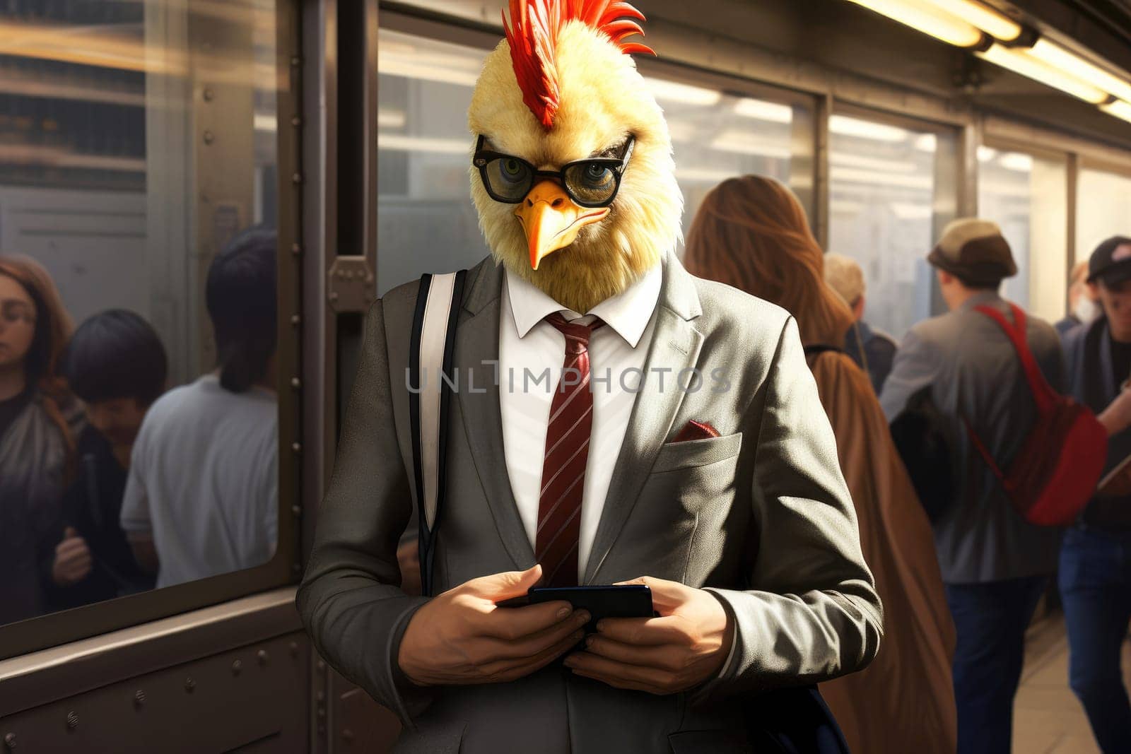 a chicken in a business suit on a business office background, ai generative.