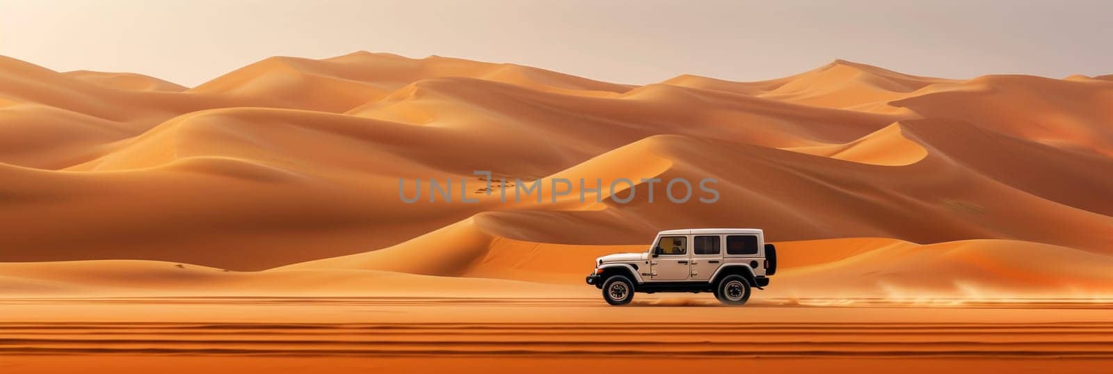 A jeep navigates through the desert landscape, with majestic sand dunes stretching across the horizon.