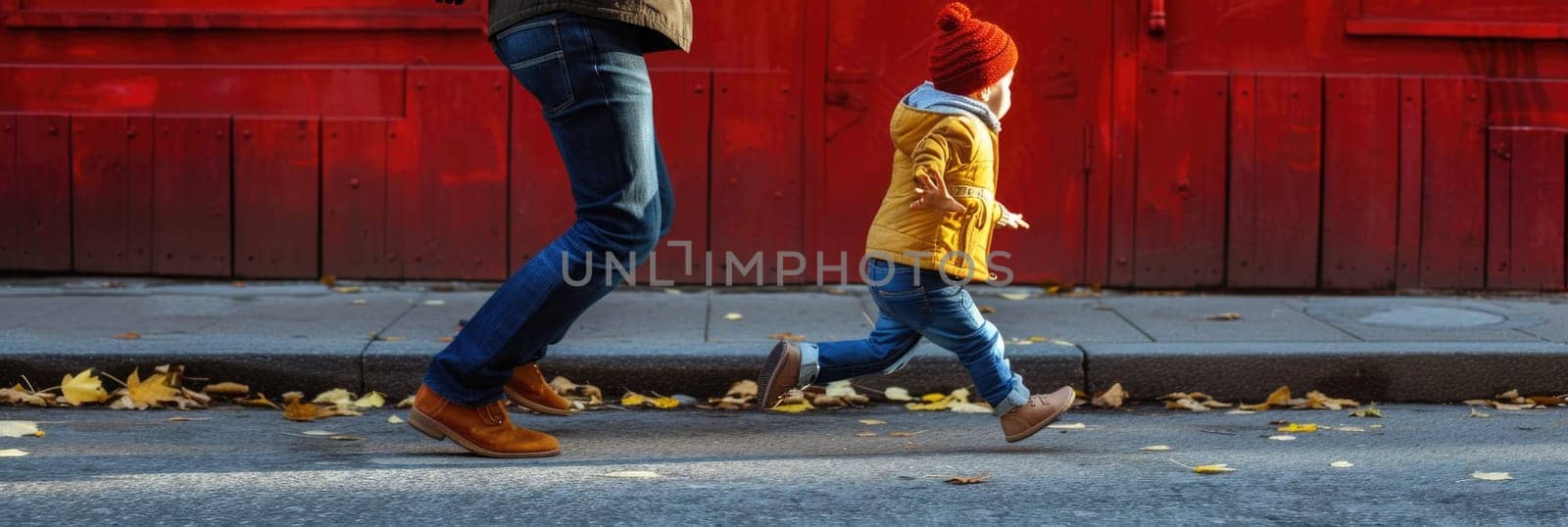 A man and a child walk together on a street, taking small steps as they make their way forward.