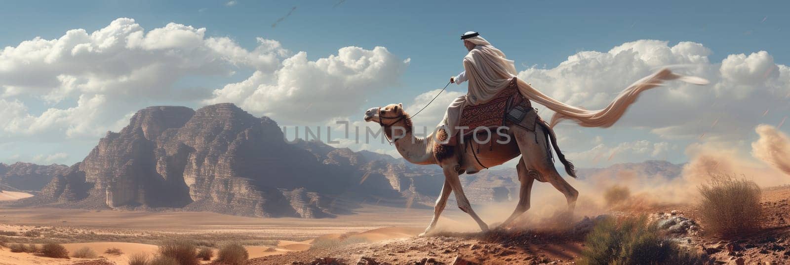A man confidently rides a camel through the vast desert landscape.